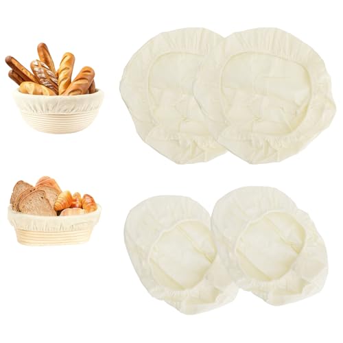 VOSSOT 4 Pezzi Teli in Linoper Cestino da Lievitazione, 2 Rotondi e 2 Ovali – Panno in Lino Naturale Fodera Cestino Pane, Antiadherente, Riutilizzabile, Accessori da Forno per Pane Fait Maison