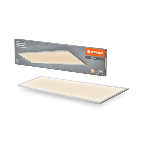 LEDVANCE Planon Plus Deckenleuchte in Weiß mit fortschrittlicher LED-Technik, 36 W, rechteckige Form (1200 x 300 mm), warmweiße Lichtfarbe bei 3000 K, Aluminium-Gehäuse, mattierter PMMA-Diffuser