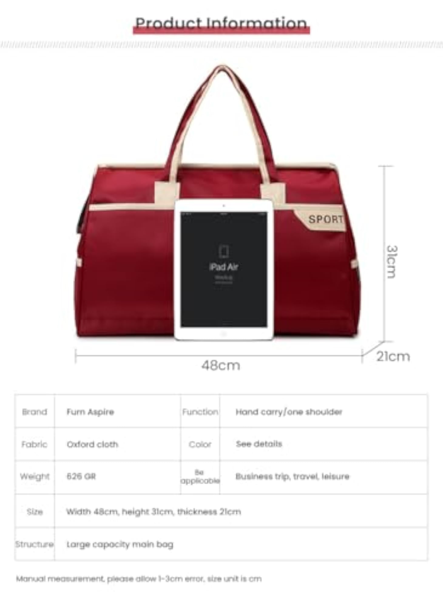 Large Capacity Waterproof Oxford Cloth Handbag, Travel Duffle