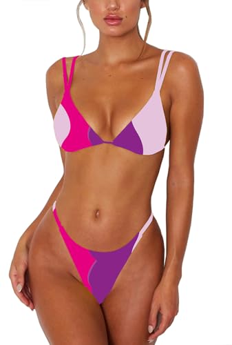 Image of Women's Sexy Thong Bottom Two Piece Bikini Double Shoulder Straps Cute Swimsuit Triangle Bathing Suit