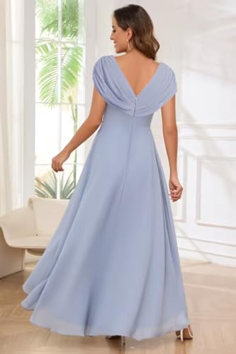 Beaded Mother of The Bride Dresses with Cape Sleeves V Neck Chiffon Pleated Tea Length Formal Evening Gown3
