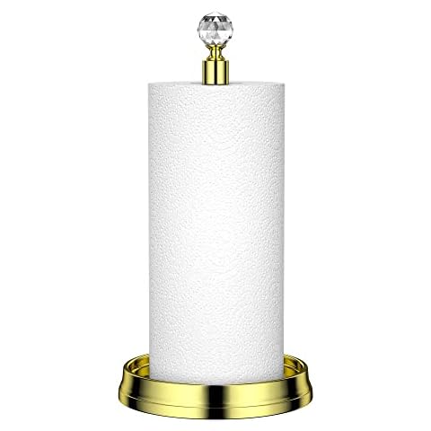 KASUNTO Paper Towel Holder (with Crystal Ball) Steel Paper Towel Holder countertop,Paper Towel Holder Stand for Kitchen Countertops, Bars & Dining Tables,Fits Standard & Jumbo Rolls,Poilshed Gold Cover
