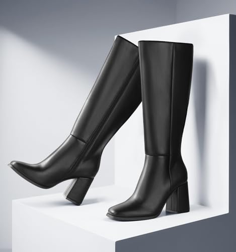 Ankis Knee High Boots for Women Squared Toe Chunky High Heel with Side Zipper Long Boots2
