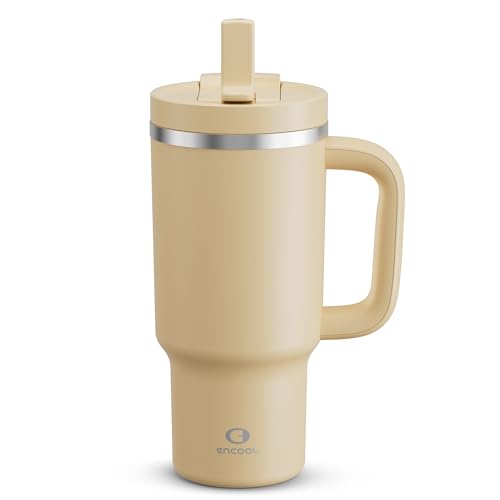 ENCOOL 32 oz Tumbler with Handle and Straw: Stainless Steel Insulated Tumbler Keeps Cold for 24 Hours, Leakproof Travel Cup Fits in Cup Holder and BPA-Free, Indian Khaki