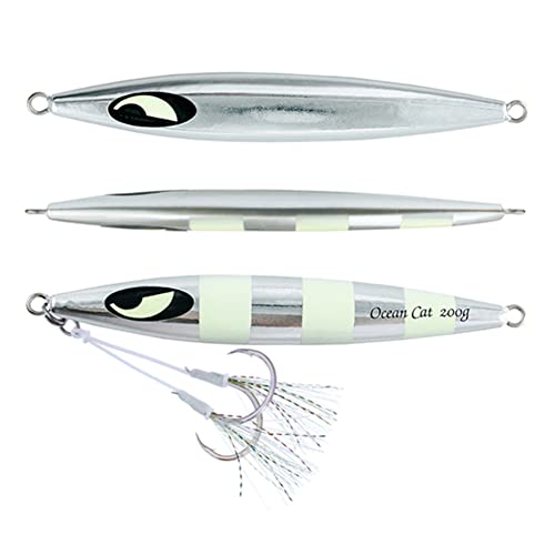 OCEAN CAT Slow Fall Fishing Luers Mental Lead Jigging Sea Baits Flat Hooks 5 Colors 5 Weights (Silver, 2 1/8oz(60g))