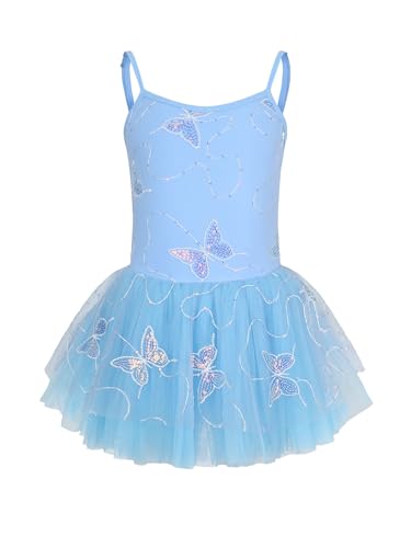 Hidany Girls Ballet Leotards Tutu Dress Dance Costume Kids Spaghetti Strap Butterfly Dance Tutu Unitard (4-5T XY014-Blue)