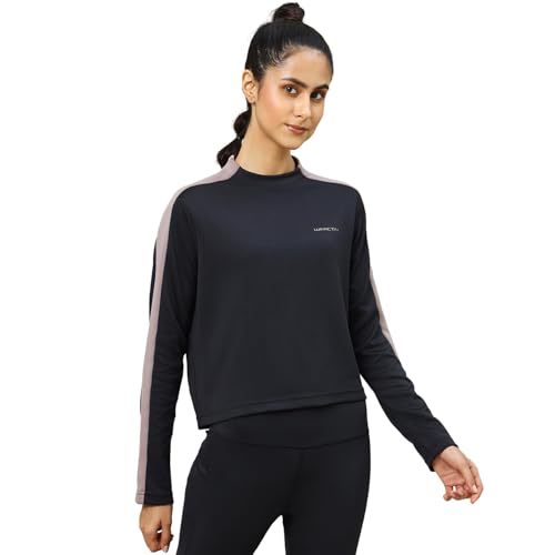 Image of TECHNOSPORT Womens Polyester Crew Neck Slim Fit Color Blocked Crop Sweatshirt Quick Dry & Antimicrobial