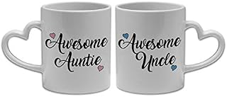 Pair of Awesome Auntie & Uncle Lovely (Heart) Novelty Gift Mugs w/Heart Shaped Handle, White