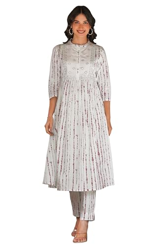 Image of Janasya Women's White Pure Cotton Tie & Dye With Mirror Work A-line Kurta Pant Set