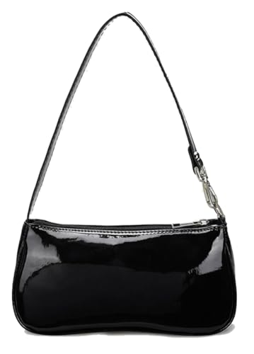 Bolsa de couro envernizado para noite, brilhante, elegante, mini bolsa de ombro, Preto