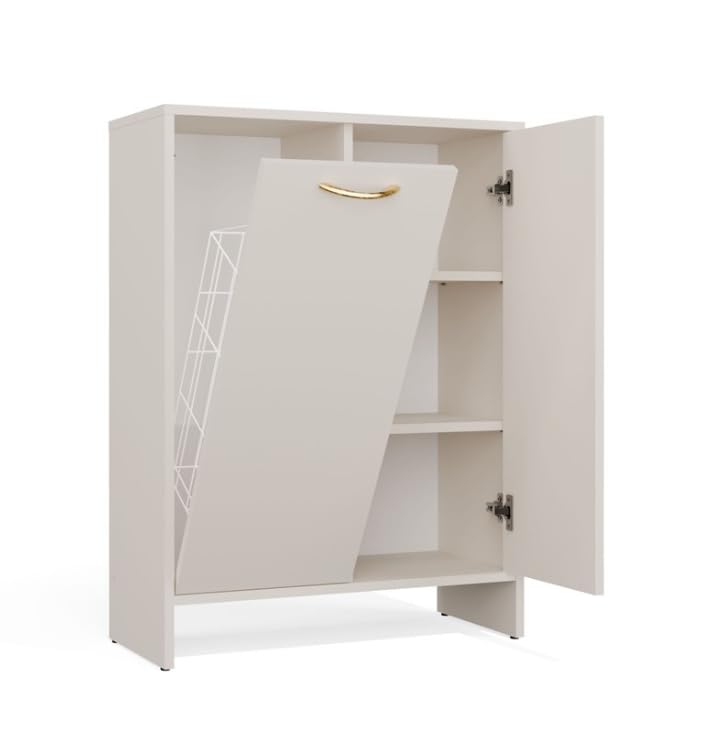 BDW Meuble de Salle de Bain Nina 1K1D avec Panier à Linge, Cachemire, 66x90x30 cm, 3 étagères,...