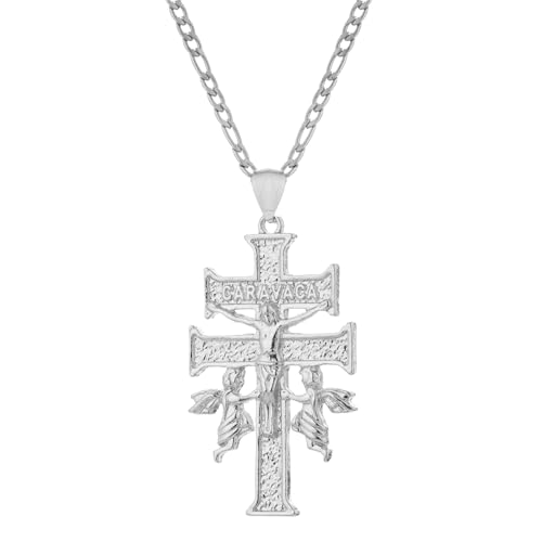 SAELACY 14K White Gold Plated Holy Jesus Crucifix Cross Religious Cruz De Caravaca Double Cross with Angels Pendant Necklace for Women Men (white-large chain length: 18+2)