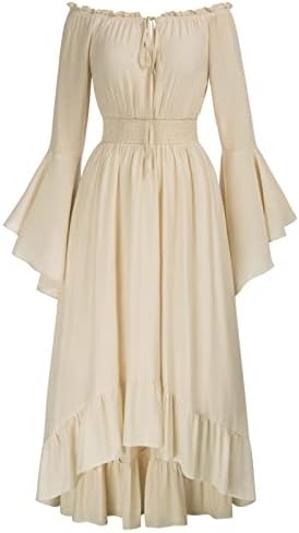 SCARLET DARKNESS Damen Mittelalter Renaissance Schulterfreies Maxikleid | Lange Ärmel | Trompetenärmel | Geraffte Taille | Seitliche Einschubtaschen | Futter | Korsagenkleid | Goti