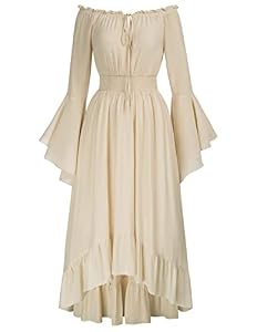 Damen Cottagecore Dress Mittelalter Vintage Trompetenärmel Hohe Taille Elfen Kostüm Aprikose S