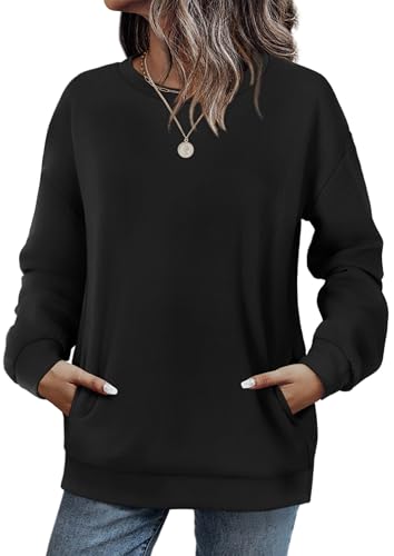 WIHOLL Womens Long Sleeve Tops Trendy Crewneck Sweatshirts with Pocket Lightweight Pullover Sweaters Fall Outfits Black XL