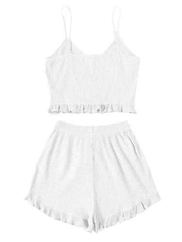 Avanova Women Sexy 2 Piece Pajama Set Ruffle Trim Cami Top and Shorts Sleepwear Set2