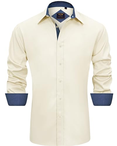 J.VER Mens Dress Shirts Contrast Collar Casual Button Down Shirt Long Sleeve Semi Formal Club Prom Stylish Tops Beige XL