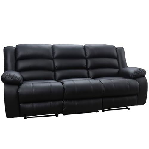 EBELLO Faux Leather Manual Reclining Sofa with 2 Concealed Cup Holders, Overstuffed Armrest 3 Seat Recliner Couch for Living Room, Bedroom, Meeting Room, Black
