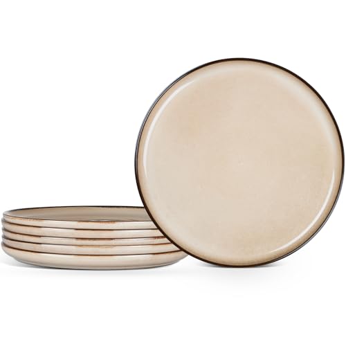 Image of E-far 10.5 inch Ceramic Dinner Plates Set of 6, Large Reactive Glaze Stoneware Dishes, Round Salad Plate for Home Kitchen Restaurant, Microwave & Dishwasher Safe - Sandy Beige