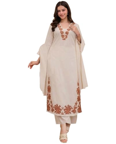 Image of ANNI Designer Pure Cotton Embroidered Kurta Set for Women | Rust Orange Kurta with Pants & Dupatta | Floral Neck & Hem Embroidery | Cotton Kurta Set for Women | 10 Colour Options Available