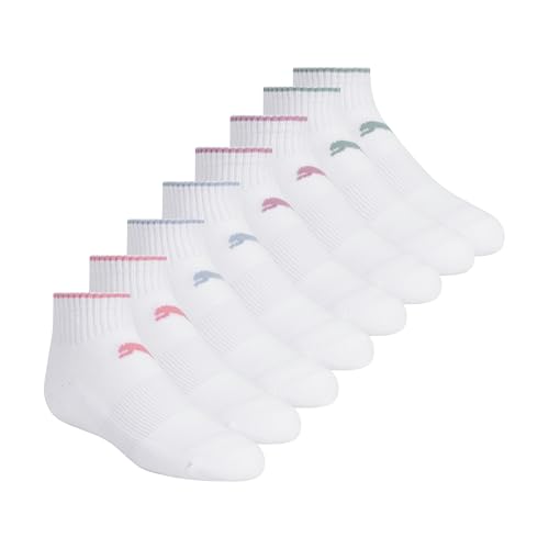 PUMA Girls' Quarter Crew Socks (8-Pack), White/Pastel, 7-8.5 - image 1