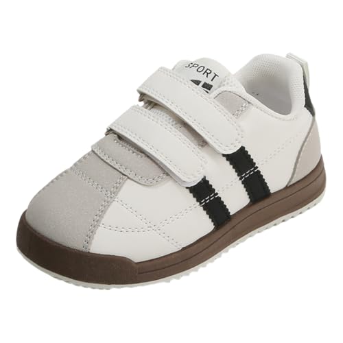 Kids Sport Sneakers with Hook and Loop Straps, White and Black, Brown Sole