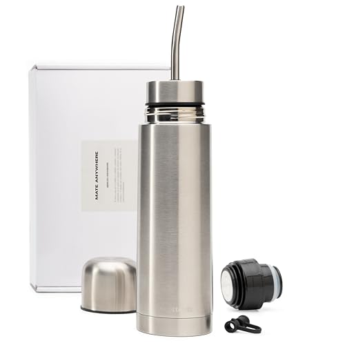 Ecottento – Termo mate autocebante 100% acero inoxidable 500ml – mate listo + tapón cebador – kit mate argentino y tereré paraguayo – Automate con tapón silicona bombilla y stickers. (Plateado)