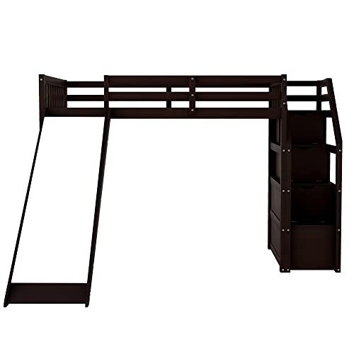 Lepfun Twin Size Loft Bed With Slide & 3 Storage Staircase For Kids Bedroom,Sturdy Wood Bedframe, High Guardrail Design, No Box Spring Needed, Espresso #TOP4