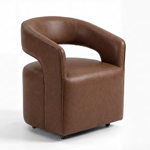 Upholstered Dining Chairs with Casters, Modern Barrel Rolling Dining Room Chairs Linen Fabric Dining Chair for Kitchen Living Room Home Office Reception, Beige