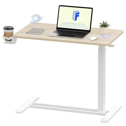 Image of FLEXISPOT H7 Adjustable Overbed Bedside Table with Wheels Pneumatic Mobile Standing Desk Laptop Desk Rolling Computer Cart Movable Overbed Table Hospital Home Use(31.5 inch W x 17.7 inch D, White Wood Grain)