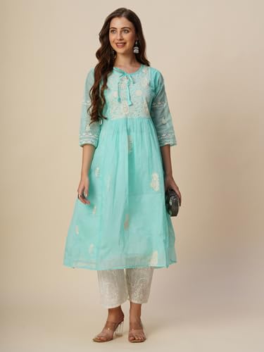 Image of RATAN Women's Muga Cotton Flared Lucknowi Chikankari Ethnic Wear Kurta