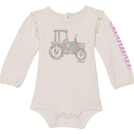 Carhartt 7079 Newborn Infant Baby Girls' Cotton Long Sleeve floral 'TRACTOR' Ruffle Shoulder Bodysuit | Malt | 6 Month (6M)
