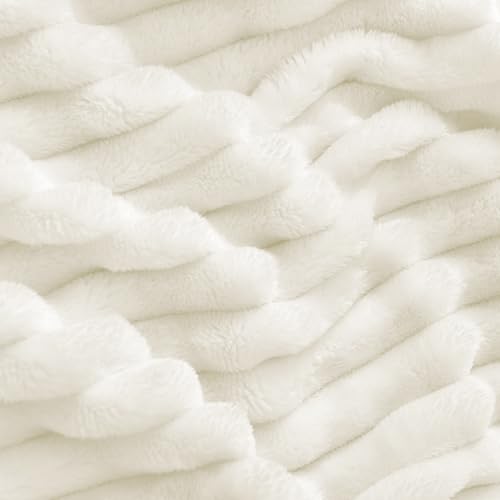 Image of BEDELITE Fleece Throw Blanket for Couch - 3D Ribbed Jacquard Soft and Warm Decorative Fuzzy Blanket - Cozy, Fluffy, Plush Lightweight Cream Throw Blankets for Bed, Sofa, 50x60 inches