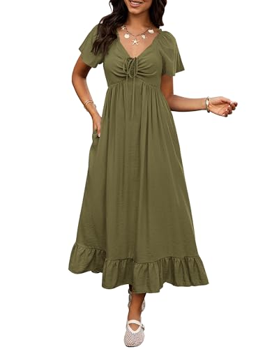 Image of BTFBM Womens Summer Dresses 2026 Casual Short Sleeve V Neck Drawstring Wedding Guest Maxi Dresses Boho Beach Long Dress