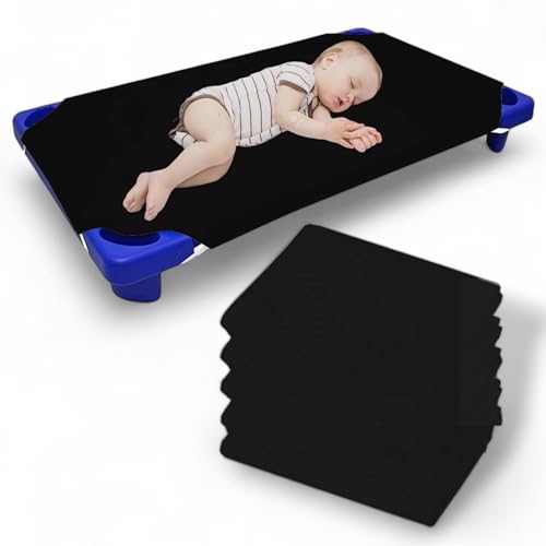 Pack of 6 Cot Sheet for Daycare Preschool Cot Bed -Polyblend Fabric with Corner Elastic Cots Sheets Fits On 22 X 40 Inches Size Toddler and Preschool Daycare Cot Black 22 X 40 Size