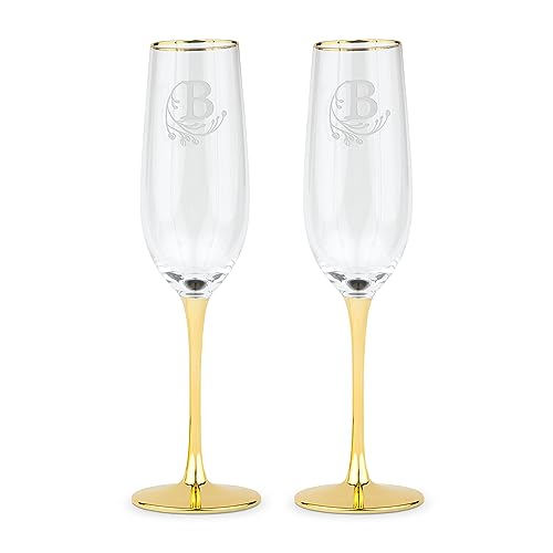 WEDDINGSTAR Customizable Gold Accented Champagne Flutes - Modern Fairy Tale Initial - Set of 2