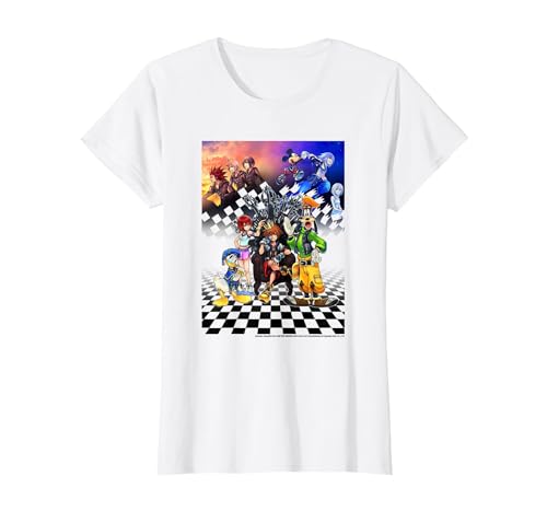 Image of Disney Kingdom Hearts Group Shot Checkerboard Poster T-Shirt, Women, White, Medium