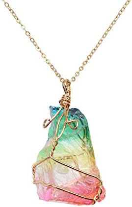 Natural Rainbow Stone Healing Crystal Rock Quartz Pendant Necklace Birthstone Gold Plated Full Wire Wrap Gemstone Necklace Jewelry For Mothers Day Gifts