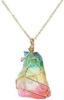 Natural Rainbow Stone Healing Crystal Rock Quartz Pendant Necklace Birthstone Gold Plated Full Wire Wrap Gemstone Necklace Jewelry For Mothers Day Gifts