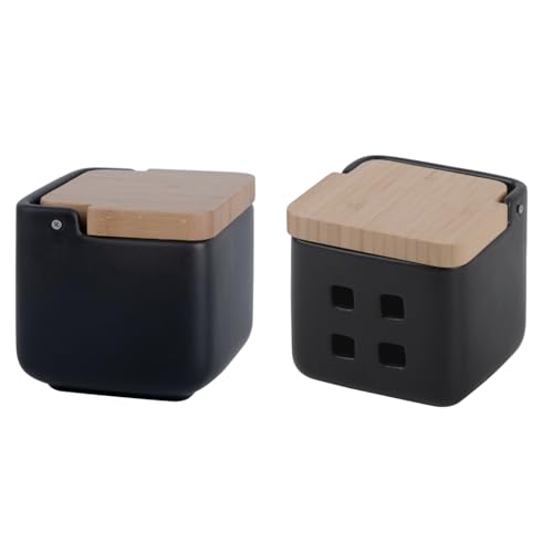 KOOK TIME Set di accessori da cucina - saliera e porta aglio in ceramica e bambù - 2 pezzi, 11,5x11,5x11,5 cm