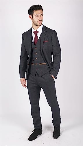 Mens Herringbone Tweed 3 Piece Navy Red Check Suit Vintage 1920S Tailored Fit - Navy 42 #TOP6