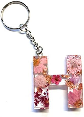 Handmade A-Z Letter Keyring with Pink Pressed Flowers and Rose Gold Foil. Ideal Keychain Gift or Bag Charm (A)