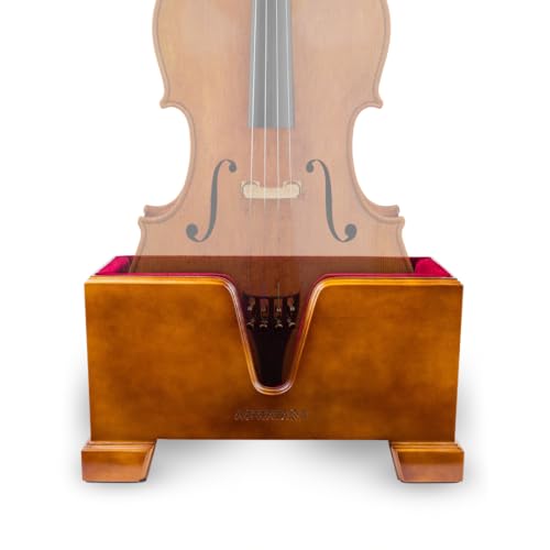Cello Box Stand – Luxury Burgundy Plush Liner – Wooden Mahogany-tone Upright Instrument Holder...
