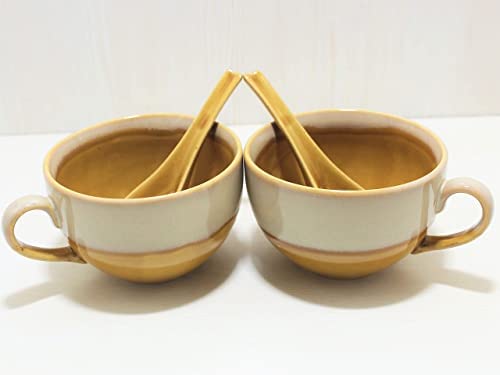 Bamby Ceramic Handmade Soup Curved Wooden Bowl  with Spoon and Handle Set of 2 Microwave and Dishwasher Safe - Image 2 thumbnail