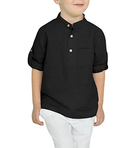 Image of Arshiner Boys Cotton Linen Henley Shirt Button Down Shirt Long Sleeve T Shirt Beach Shirt Tee Casual Solid Tops