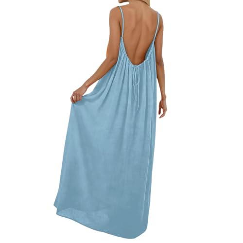 Robe Boheme Chic Caraco Dos Nu sans Manches pour Femme Robes Maxi d'été pour la plage Robe Casual Longue Et Fluide à Bretelles Spaghetti Dress Ample...