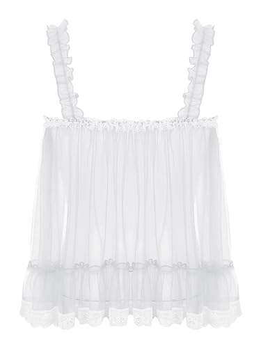 Sissy Mens Mesh See Through Lingerie Slip Top Lace Ruffle Sheer Crossdresser Nightwear2