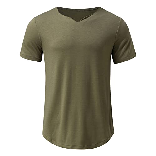 Maiyifu-GJ Men's Short Sleeve V Neck Henley Shirts Solid Slim Fit Fitted Gym Workout Tee Casual Athletic Sport T-Shirt (ArmyGreen,XX-Large)