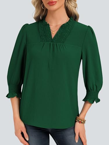 Funlingo Womens 3/4 Sleeve Boho Tops Summer Fashion 2026 Ruffle V Neck Blouses Dressy Casual Flowy Lace Crochet Shirts Spring Outfits Green XL — view 2