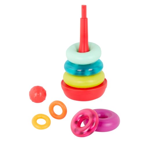 Image of B. toys Rainbow Rings Stacking Rings Teether Rattle Baby Toy Set, 9 Pieces | 9-piece rainbow ring stacker with 2 teething rings, 2 rattle rings, base and top ball; easy to grasp, Baby; 6+ Months